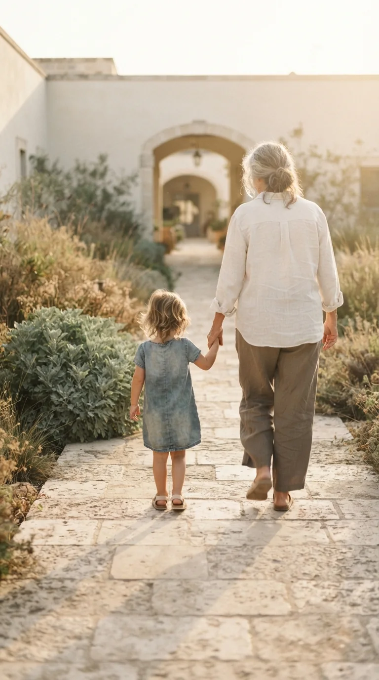 An older woman and a child walking a sunlit stone path
